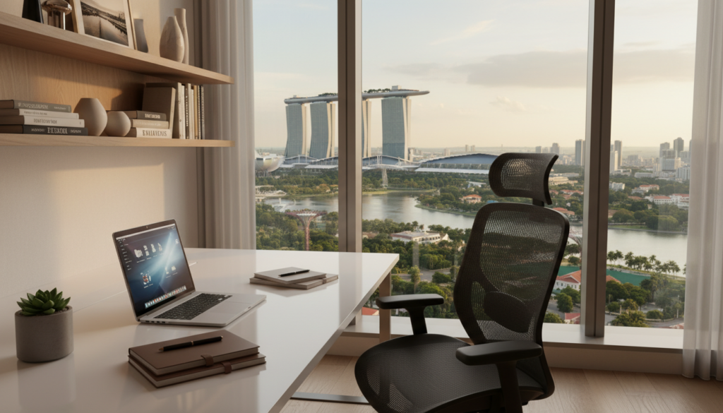 A modern virtual office workspace in Singapore, featuring a sleek, minimalist design. In the foreground, a stylish desk with a high-end laptop, notebooks, and a potted plant, reflecting a productive atmosphere. In the middle, an ergonomic office chair and a large window showcasing a view of the Singapore skyline with tall buildings and greenery. Ambient lighting creates a warm and inviting environment, emphasizing professionalism. In the background, a shelf with books and decorative items adds a personal touch. The overall mood is one of focus and efficiency, ideal for remote work. The image should be photorealistic, capturing the essence of contemporary virtual offices without any text or watermarks.