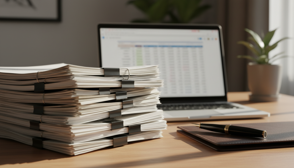 A photorealistic close-up of a neatly arranged collection of documents, featuring official paperwork like forms, contracts, and certificates, symbolizing the process of document preparation for a business strike-off in Singapore. The foreground showcases a well-organized stack of these papers, embellished with a few paperclips and a pen placed strategically beside them. In the middle, a blurred out laptop displays a financial spreadsheet, hinting at digital documentation support. The background includes a softly lit wooden desk, creating a warm, professional ambiance. Natural sunlight filters through a nearby window, casting gentle shadows and enhancing the mood of a diligent work environment. The overall tone reflects clarity, professionalism, and focus on administrative tasks, inviting the viewer into the world of business documentation. A photorealistic close-up of a neatly arranged collection of documents, featuring official paperwork like forms, contracts, and certificates, symbolizing the process of document preparation for a business strike-off in Singapore. The foreground showcases a well-organized stack of these papers, embellished with a few paperclips and a pen placed strategically beside them. In the middle, a blurred out laptop displays a financial spreadsheet, hinting at digital documentation support. The background includes a softly lit wooden desk, creating a warm, professional ambiance. Natural sunlight filters through a nearby window, casting gentle shadows and enhancing the mood of a diligent work environment. The overall tone reflects clarity, professionalism, and focus on administrative tasks, inviting the viewer into the world of business documentation.