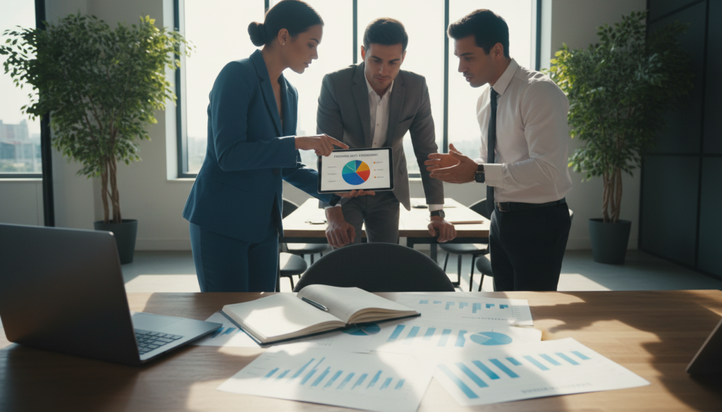 A photorealistic composition showcasing personal data in a professional setting. In the foreground, an elegant wooden desk cluttered with various data-related elements: a closed laptop, a notepad filled with data points, and colorful charts. In the middle, a diverse group of three professionals (two men and one woman) is engaged in a focused discussion, all dressed in smart business attire. The woman points at a digital tablet displaying a pie chart of personal data categories. In the background, a softly lit modern office filled with green plants, a large window allowing warm natural light to illuminate the scene, enhancing a collaborative and dynamic atmosphere. The angle captures the intensity of their conversation while emphasizing the importance of personal data compliance in their work.
