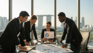 A photorealistic depiction of a Singaporean financial landscape, showcasing a modern office environment. In the foreground, a diverse group of professionals in business attire—Asian, Caucasian, and Black—are engaged in a discussion about withholding tax rates, studying paperwork and charts. The middle layer features a large glass table with financial documents, graphs, and a laptop displaying a pie chart illustrating different income types subject to withholding tax. In the background, the iconic Marina Bay Sands can be seen through the office's large windows, reflecting natural daylight that bathes the room in a bright and professional atmosphere. The mood conveys a sense of collaboration and focus on financial matters, emphasizing the importance of understanding withholding tax in Singapore.