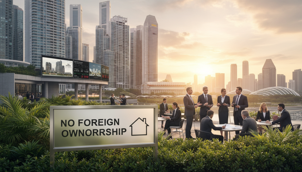 A photorealistic depiction of a Singaporean skyline showcasing high-rise buildings symbolizing luxury real estate. In the foreground, a detailed close-up of a prominent "No Foreign Ownership" sign, elegantly designed with a modern aesthetic, prominently displayed beside lush greenery. The middle ground features a bustling property market environment, with professional individuals in business attire discussing property deals, emphasizing the vibrancy of real estate transactions. The background reveals iconic Singaporean architecture, bathed in warm, golden hour lighting, creating a harmonious balance of natural and urban elements. The mood is one of exclusivity and professionalism, encapsulating the nuances of foreign ownership restrictions in real estate within the dynamic context of Singapore.