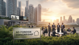 A photorealistic depiction of a Singaporean skyline showcasing high-rise buildings symbolizing luxury real estate. In the foreground, a detailed close-up of a prominent "No Foreign Ownership" sign, elegantly designed with a modern aesthetic, prominently displayed beside lush greenery. The middle ground features a bustling property market environment, with professional individuals in business attire discussing property deals, emphasizing the vibrancy of real estate transactions. The background reveals iconic Singaporean architecture, bathed in warm, golden hour lighting, creating a harmonious balance of natural and urban elements. The mood is one of exclusivity and professionalism, encapsulating the nuances of foreign ownership restrictions in real estate within the dynamic context of Singapore.
