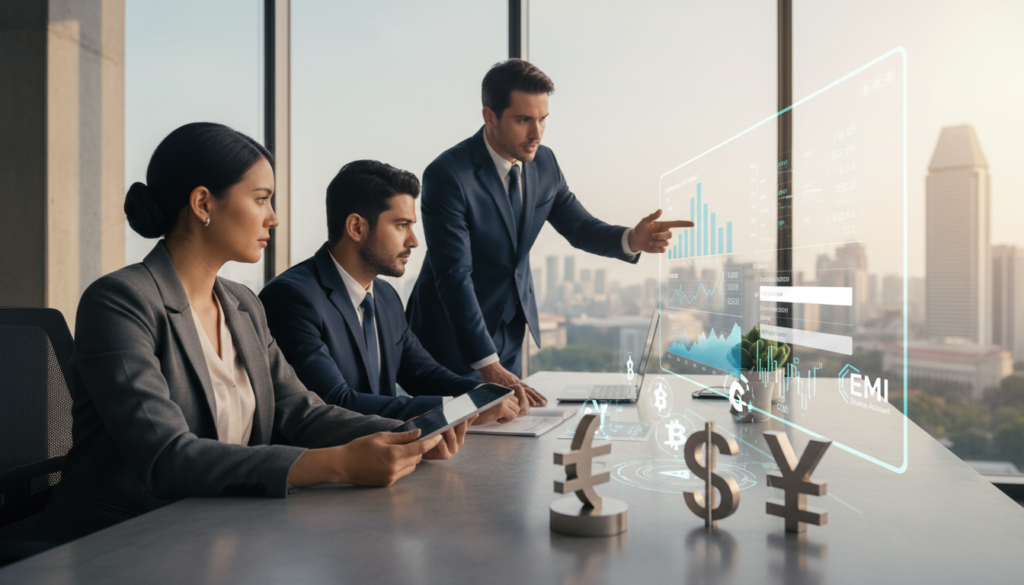 A photorealistic depiction of a diverse group of professionals engaged in multi-currency payments in a modern office environment. In the foreground, a businesswoman in professional attire is reviewing digital currencies on a tablet, while a businessman in a suit is discussing payment options with a colleague. In the middle, a sleek desk is filled with various currency symbols like USD, EUR, and SGD, along with digital transaction screens showcasing a wire transfer interface. The background reveals large windows with a view of Singapore's skyline, showcasing skyscrapers and landmarks. Soft, natural lighting filters through the windows, creating a bright, collaborative atmosphere. The overall mood conveys innovation and financial connectivity, highlighting the concept of EMI business accounts in contrast to traditional banking. A photorealistic depiction of a diverse group of professionals engaged in multi-currency payments in a modern office environment. In the foreground, a businesswoman in professional attire is reviewing digital currencies on a tablet, while a businessman in a suit is discussing payment options with a colleague. In the middle, a sleek desk is filled with various currency symbols like USD, EUR, and SGD, along with digital transaction screens showcasing a wire transfer interface. The background reveals large windows with a view of Singapore's skyline, showcasing skyscrapers and landmarks. Soft, natural lighting filters through the windows, creating a bright, collaborative atmosphere. The overall mood conveys innovation and financial connectivity, highlighting the concept of EMI business accounts in contrast to traditional banking.