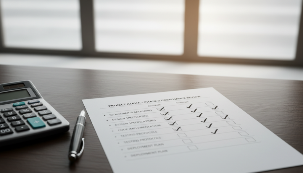 A photorealistic depiction of a documentation checklist, centrally placed on a wooden desk. The checklist appears neatly arranged with neatly checked boxes, crisp lines, and bullet points. In the foreground, subtle office supplies like a pen and a calculator enhance the professional atmosphere. In the background, a blurred representation of a window with soft, natural light filtering through, casting gentle highlights on the checklist, creating an inviting and organized environment. The angle is slightly top-down, focusing on the checklist while maintaining a clear view of the desk’s texture. The overall mood is one of professionalism and thoroughness, reflecting the meticulous nature of compliance and documentation requirements.