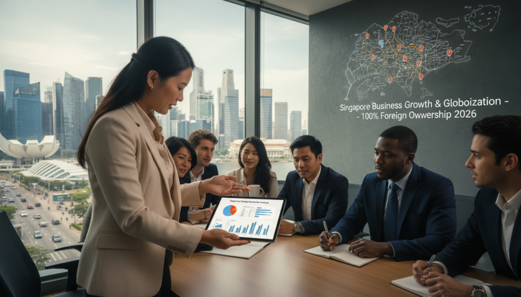 A photorealistic depiction of a modern Singaporean office with a diverse group of professionals engaged in a discussion about foreign ownership policies. In the foreground, a well-dressed Asian woman points at a digital tablet displaying graphs and charts, while an African man in a tailored suit takes notes. In the middle ground, a large window reveals a bustling Singapore skyline with iconic skyscrapers under bright daylight. In the background, a wall features a map of Singapore with ownership regulations illustrated. The lighting is warm and inviting, showcasing a collaborative atmosphere filled with determination and professionalism, conveying the essence of business growth and globalization focused on 100% foreign ownership in Singapore in 2026. A photorealistic depiction of a modern Singaporean office with a diverse group of professionals engaged in a discussion about foreign ownership policies. In the foreground, a well-dressed Asian woman points at a digital tablet displaying graphs and charts, while an African man in a tailored suit takes notes. In the middle ground, a large window reveals a bustling Singapore skyline with iconic skyscrapers under bright daylight. In the background, a wall features a map of Singapore with ownership regulations illustrated. The lighting is warm and inviting, showcasing a collaborative atmosphere filled with determination and professionalism, conveying the essence of business growth and globalization focused on 100% foreign ownership in Singapore in 2026.