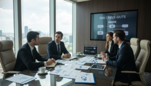 A photorealistic depiction of a modern corporate boardroom setting illustrating SGX carve-outs transactions. In the foreground, a diverse group of four business professionals, two men and two women, are engaged in a focused discussion around a sleek, glass conference table, dressed in professional business attire. The middle ground features various financial documents and reports neatly arranged on the table, with a laptop displaying financial charts. In the background, large windows show a panoramic view of Singapore’s skyline under a bright, sunny day, casting natural light into the room. The atmosphere is serious yet collaborative, emphasizing professionalism and strategic decision-making, with soft, focused lighting highlighting the participants' expressions and the details of the documents.