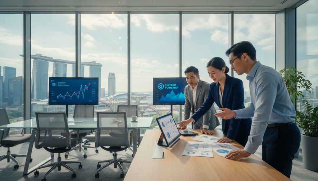 A photorealistic depiction of a modern office environment focused on SME financing and embedded credit platforms. In the foreground, a diverse group of three professionals in business attire—two men and one woman—are engaged in a discussion over financial documents and a laptop. The middle ground features a sleek, glass conference table surrounded by charts showing growth trends. In the background, large windows reveal a vibrant cityscape of Singapore, with iconic skyscrapers and greenery. Soft, natural lighting filters through, creating an inviting atmosphere for collaboration. The mood is focused and professional, symbolizing innovation and business growth in fintech.