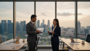 A photorealistic depiction of a modern office setting as a backdrop for the comparison between Airwallex and Aspire business accounts. In the foreground, two professional individuals, one representing Airwallex and the other representing Aspire, are engaged in a discussion, each holding digital devices displaying graphs and charts. The person on the left is a South Asian man in a tailored suit, while the individual on the right is a Southeast Asian woman in a smart blazer. In the middle ground, there are sleek office desks with laptops and financial documents, illuminated by natural light streaming through large windows. In the background, a cityscape of Singapore is visible, with iconic skyscrapers and greenery, conveying a productive business atmosphere, creating a bright and dynamic mood. The angle captures the interaction between the individuals while showcasing the modern workspace environment.