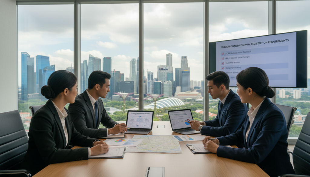A photorealistic depiction of a modern office setting focused on company registration requirements in Singapore. In the foreground, a diverse group of three professionals—two men and one woman—are engaged in a discussion over a table filled with documents, laptops, and a map highlighting Singapore. They are dressed in smart business attire, projecting professionalism and teamwork. The middle ground features an elegant office backdrop with glass windows revealing a skyline of Singapore's iconic architecture. Soft, natural light spills into the room, enhancing the clarity and focus on the professionals. In the background, a checklist on a digital device is subtly shown, symbolizing key requirements for foreign-owned company registration. The overall atmosphere is collaborative and focused, embodying a sense of purpose and optimism.