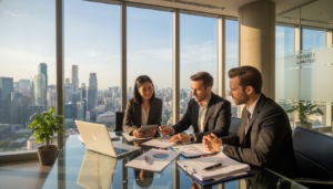 A photorealistic depiction of a modern office setting representing a "private limited" company in Singapore. In the foreground, a sleek, glass table features a laptop, business documents, and a stylish pen, suggesting active decision-making. The middle ground showcases a diverse group of three professionals wearing smart business attire, engaged in a discussion over the documents, with their body language conveying collaboration and focus. In the background, large glass windows reveal a cityscape of Singapore with iconic buildings, symbolizing a thriving business environment. Natural light floods the room, creating a bright and optimistic mood, while the angle highlights both the professionals and the bustling environment outside.