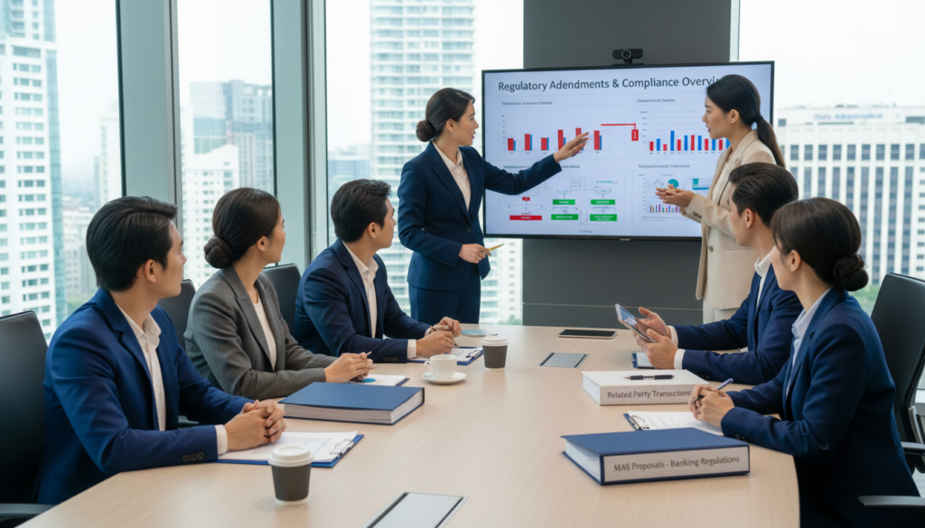 A photorealistic depiction of a modern office setting, showcasing a diverse group of professional individuals engaged in a discussion about banking regulations. In the foreground, a mixed-gender team in professional business attire, including suits and blouses, is gathered around a sleek conference table filled with documents labeled "MAS Proposals." The middle section features an array of charts and graphs on a digital screen, highlighting related party transactions and regulatory amendments. The background includes large windows with a city skyline bathed in soft, natural light, enhancing the professional atmosphere. The mood conveys sophistication and collaboration, with an emphasis on transparency and financial governance.