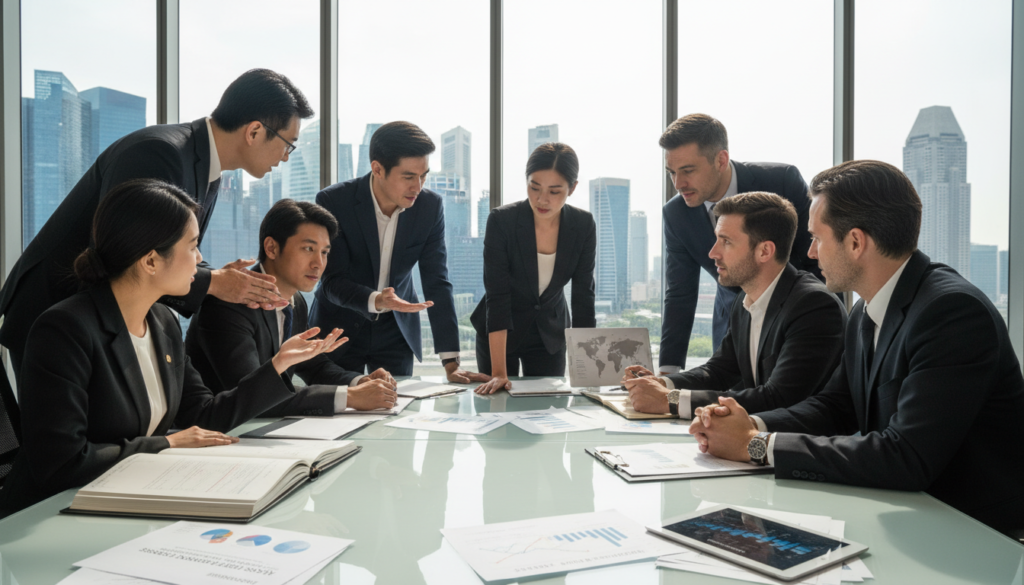 A photorealistic depiction of a modern office space reflecting corporate finance activity, showcasing a diverse group of professionals in business attire engaged in discussions around a large table. The foreground consists of detailed financial documents and a digital device displaying graphs of foreign assets. In the middle, the professionals, including a mix of genders and ethnicities, are examining portfolios, exuding a sense of collaboration and focus. The background presents a sleek window with a view of Singapore's skyline, bathed in natural light, casting soft shadows throughout the room. The atmosphere is both serious and dynamic, emphasizing the importance of understanding asset disposal within economic regulations.