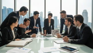 A photorealistic depiction of a modern office space reflecting corporate finance activity, showcasing a diverse group of professionals in business attire engaged in discussions around a large table. The foreground consists of detailed financial documents and a digital device displaying graphs of foreign assets. In the middle, the professionals, including a mix of genders and ethnicities, are examining portfolios, exuding a sense of collaboration and focus. The background presents a sleek window with a view of Singapore's skyline, bathed in natural light, casting soft shadows throughout the room. The atmosphere is both serious and dynamic, emphasizing the importance of understanding asset disposal within economic regulations.