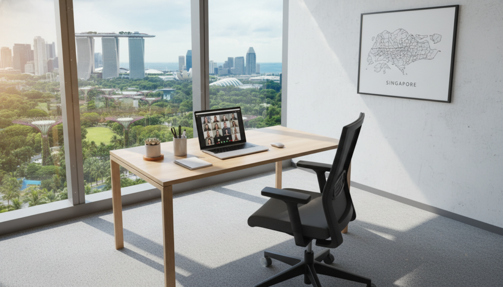 A photorealistic depiction of a modern virtual office setting in Singapore. In the foreground, showcase a sleek, contemporary desk with a laptop opened to a video conferencing application, surrounded by neatly organized office supplies. In the middle, illustrate a stylish ergonomic chair and a framed map of Singapore on the wall to emphasize the location. The background should feature large windows revealing a stunning skyline view of Singapore’s iconic skyscrapers and greenery. Soft, natural lighting filters through the windows, casting gentle shadows across the space, creating a productive and inviting atmosphere. The scene should convey professionalism and adaptability, suitable for remote business professionals looking for flexible office solutions. A photorealistic depiction of a modern virtual office setting in Singapore. In the foreground, showcase a sleek, contemporary desk with a laptop opened to a video conferencing application, surrounded by neatly organized office supplies. In the middle, illustrate a stylish ergonomic chair and a framed map of Singapore on the wall to emphasize the location. The background should feature large windows revealing a stunning skyline view of Singapore’s iconic skyscrapers and greenery. Soft, natural lighting filters through the windows, casting gentle shadows across the space, creating a productive and inviting atmosphere. The scene should convey professionalism and adaptability, suitable for remote business professionals looking for flexible office solutions.