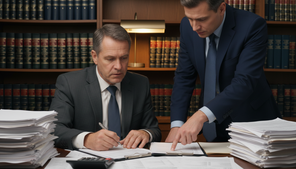A photorealistic depiction of a tax investigation scene. In the foreground, a middle-aged man in a professional business suit, looking concerned, sits at a cluttered desk covered with financial documents, tax forms, and a calculator. His brow is furrowed as he examines the papers. In the middle ground, a focused investigator in business attire stands beside him, pointing at a document, suggesting a thorough examination. In the background, soft lighting highlights shelves filled with legal books and tax guides, creating a professional atmosphere. The mood is tense yet professional, emphasizing the serious nature of a tax investigation. The angle captures both faces clearly, showcasing the gravity of their conversation without any distractions.
