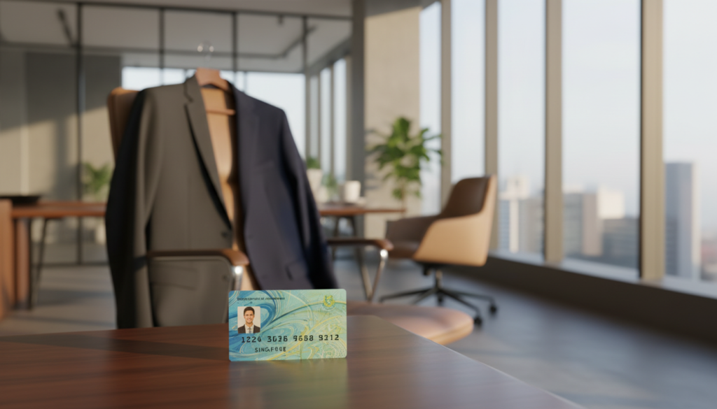 A photorealistic depiction of an employment pass in Singapore, centrally framed on a polished wooden desk. In the foreground, the detailed pass shows vibrant colors with essential identifying information, such as a professional photo and a unique identification number, but no visible text. In the middle ground, a pair of professional business attire jackets hang on a chair, suggesting an atmosphere of serious business discussions. In the background, softly blurred, is a modern office space with large windows letting in natural light, reflecting a sense of opportunity and productivity. The lighting is warm, creating an inviting and professional mood. The composition maintains a clean and sophisticated appearance, free from any text or distractions.