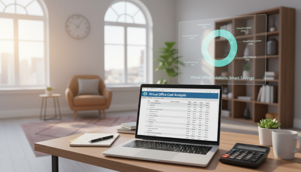 A photorealistic depiction of costs associated with virtual office solutions, featuring a neatly arranged workspace in the foreground with a modern laptop, a filled-in budgeting spreadsheet, and a calculator surrounded by office supplies. In the middle ground, display an elegant digital screen showing a pie chart and cost breakdown for virtual office services. The background should subtly suggest a stylish home office environment, with light streaming in through large windows, illuminating the space and creating a warm, inviting atmosphere. Use a shallow depth of field to focus on the items in the foreground while the background remains slightly blurred, emphasizing the themes of budgeting and value. The overall mood should be professional yet approachable, encouraging the viewer to consider the benefits of virtual office solutions.
