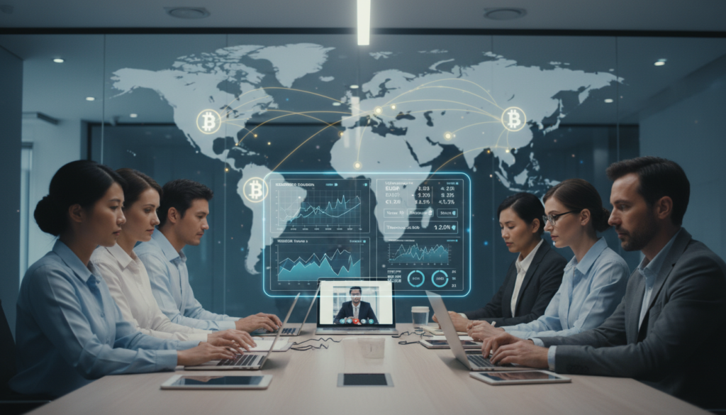 A photorealistic depiction of cross-border payments in the context of ecommerce. In the foreground, a diverse group of professionals in smart business attire is engaged in a video conference on laptops and tablets, discussing financial transactions. The middle ground features a digital interface displaying global currencies and transaction metrics, symbolizing the complexity of international finance. The background shows a stylized world map with highlighted trade routes and cryptocurrency symbols interwoven across continents, suggesting a seamless connection between countries. Soft, ambient lighting enhances the professional atmosphere, while a shallow depth of field focuses on the group, creating a sense of urgency and collaboration in the fintech landscape. A photorealistic depiction of cross-border payments in the context of ecommerce. In the foreground, a diverse group of professionals in smart business attire is engaged in a video conference on laptops and tablets, discussing financial transactions. The middle ground features a digital interface displaying global currencies and transaction metrics, symbolizing the complexity of international finance. The background shows a stylized world map with highlighted trade routes and cryptocurrency symbols interwoven across continents, suggesting a seamless connection between countries. Soft, ambient lighting enhances the professional atmosphere, while a shallow depth of field focuses on the group, creating a sense of urgency and collaboration in the fintech landscape.