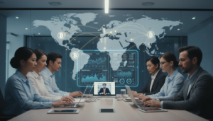 A photorealistic depiction of cross-border payments in the context of ecommerce. In the foreground, a diverse group of professionals in smart business attire is engaged in a video conference on laptops and tablets, discussing financial transactions. The middle ground features a digital interface displaying global currencies and transaction metrics, symbolizing the complexity of international finance. The background shows a stylized world map with highlighted trade routes and cryptocurrency symbols interwoven across continents, suggesting a seamless connection between countries. Soft, ambient lighting enhances the professional atmosphere, while a shallow depth of field focuses on the group, creating a sense of urgency and collaboration in the fintech landscape.