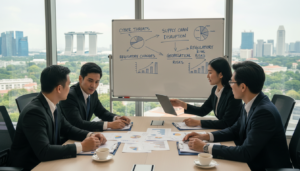 A photorealistic depiction of industry risk transactions in Singapore. In the foreground, a diverse group of professionals in smart business attire, engaged in a serious discussion over financial documents and digital tablets. In the middle ground, a corporate office setting with a large window displaying the Singapore skyline, showcasing skyscrapers and greenery. There are charts and graphs on a whiteboard illustrating various industry risk factors. The background features soft, natural lighting filtering through the window, creating a focused yet collaborative atmosphere. Capture a sense of scrutiny and analysis, with an emphasis on teamwork and industry diligence. The composition should be well-balanced and visually engaging, highlighting the importance of understanding risk factors in business transactions.
