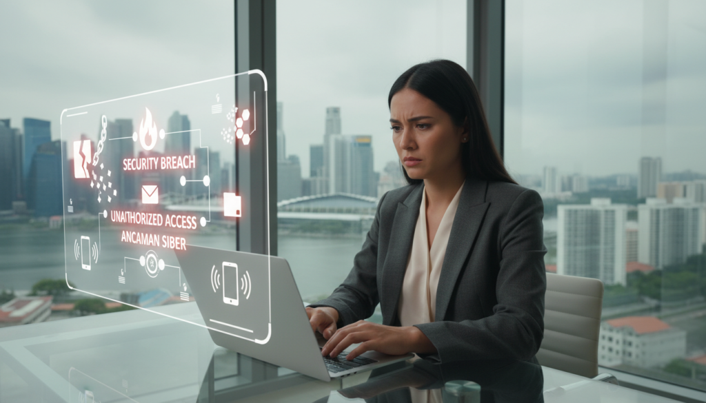 A photorealistic depiction of remote work network risks targeting Singapore businesses. In the foreground, a professional individual in smart business attire is working on a laptop at a sleek home office desk, with a worried expression. The middle ground features a digital interface displaying warning signs like firewalls and security breaches, symbolizing cybersecurity threats, while connected devices like smartphones and tablets showcase potential vulnerabilities. In the background, a cityscape of Singapore is visible through a window, with a cloudy sky reflecting the uncertainty of remote work risks. The lighting is soft and neutral, creating a serious and contemplative mood. The composition is shot from a slightly elevated angle, focusing on the individual's engagement with the technology.