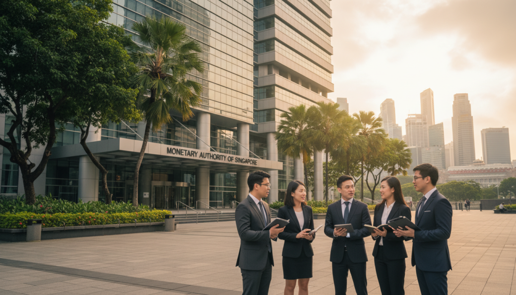 A photorealistic depiction of the Monetary Authority of Singapore (MAS) building, showcasing its modern architectural design with glass facades reflecting the vibrant city skyline. In the foreground, a diverse group of professionals in business attire engaged in conversation, symbolizing collaboration in the crypto sector. The middle ground features leafy trees and a public space, enhancing the accessibility of the MAS building. In the background, the skyline of Singapore, with iconic skyscrapers lit by warm, golden afternoon sunlight, creating a welcoming atmosphere. The scene conveys a sense of innovation and regulatory oversight, emphasizing Singapore's role as a financial hub while maintaining a professional mood. The angle captures both the building and the people, framing the importance of MAS in fostering a secure financial environment.