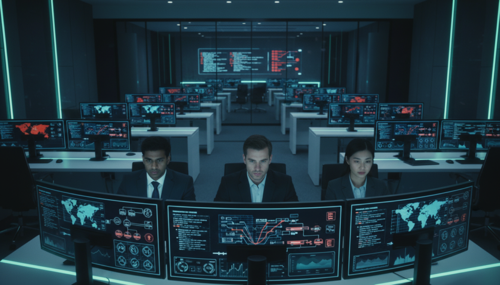 A photorealistic digital art scene depicting a modern control room focused on managed recovery from cyber threats. In the foreground, a diverse group of three professionals in business attire, two men and one woman, are intensely analyzing data on large screens, showcasing graphs and cybersecurity analytics. The middle ground features multiple high-tech workstations with glowing monitors displaying vibrant maps and threat alerts. In the background, a sleek, glass-walled conference room reflects the high-energy atmosphere, with soft blue and green LED lighting enhancing the mood of vigilance and determination. The composition should convey a sense of urgency and competency, emphasizing teamwork in a secure setting, with a dimly lit ambiance emphasizing the focus on screens.