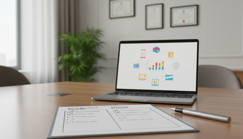 A photorealistic features checklist designed for comparing business account options, placed on a sleek, modern wooden desk. In the foreground, a clean notepad features neatly organized boxes with checkmarks, alongside a high-quality pen. The middle layer includes a small laptop displaying financial graphs and icons related to electronic money institutions, emphasizing digital banking. In the background, there are soft-focus elements of an elegant office setting with potted plants and framed certificates, creating a professional atmosphere. The lighting is bright and inviting, simulating natural light streaming in through a window, enhancing the clarity of details on the checklist. The overall mood is focused and analytical, ideal for a business audience.