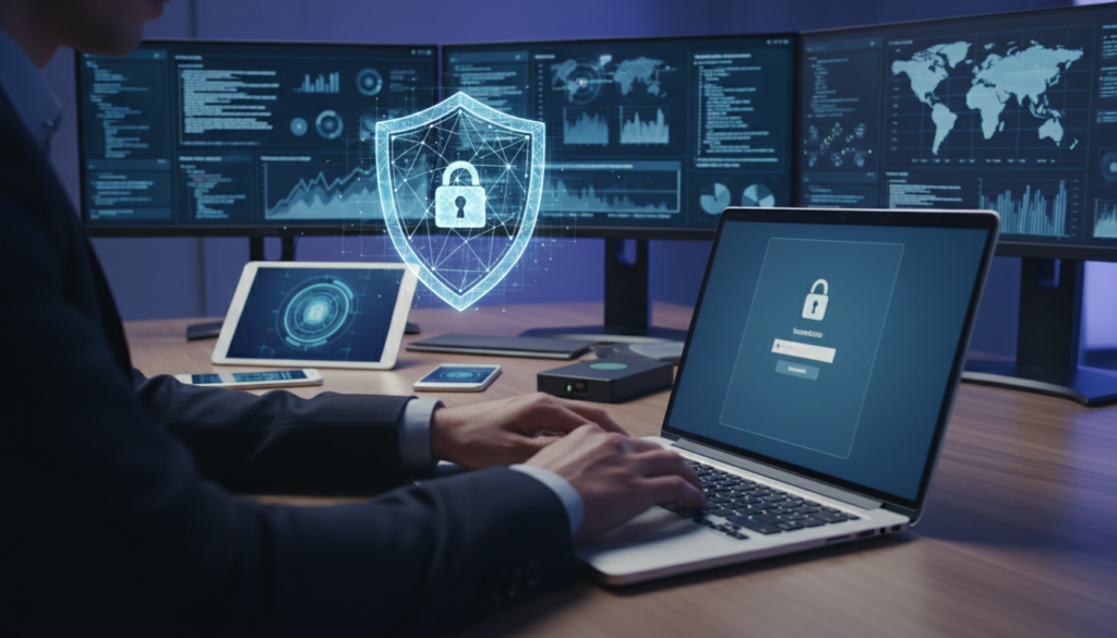 A photorealistic illustration depicting a modern workspace focused on cybersecurity, featuring a sleek laptop with a secure login screen in the foreground. A professional individual in business attire is typing on the keyboard, demonstrating proactive device protection. In the middle ground, a digital shield graphic hovers above various devices like a smartphone, tablet, and an external hard drive, symbolizing data security across endpoints. In the background, a wall of monitors displays network activity and analytics reports, with soft blue ambient lighting creating a high-tech atmosphere. The scene conveys diligence and focus, highlighting best practices in device and data protection for remote business operations.