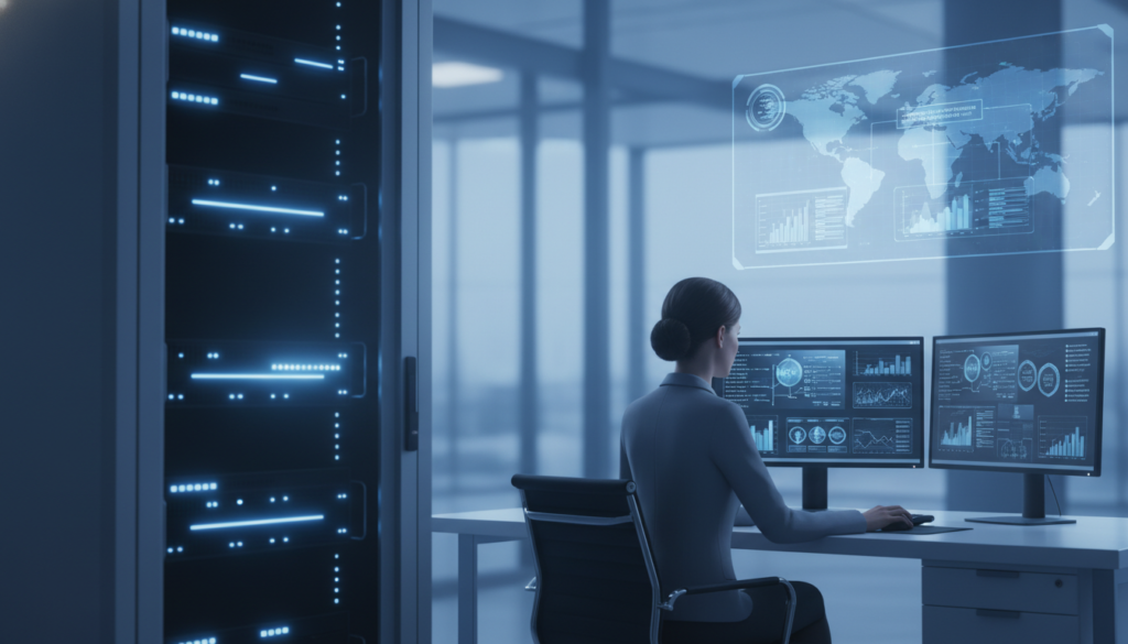 A photorealistic illustration depicting a sophisticated data replication and backup solution in a modern corporate environment. In the foreground, a sleek server rack filled with advanced hardware, blinking LED lights indicating active data processes. The middle ground features a professional businesswoman in smart attire, working intently at a computer with dual monitors displaying complex data graphs and backup statuses. In the background, a high-tech office with digital screens showing network maps and disaster recovery strategies, illuminated by soft blue and white lighting that fosters a calm, focused atmosphere. The angle captures the intimate workspace, emphasizing the importance of technology in reliable disaster recovery solutions. The overall mood is one of efficiency, professionalism, and innovation.
