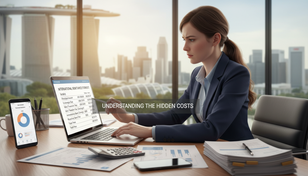A photorealistic illustration depicting the concept of bank transfer fees in a business context. In the foreground, a professional woman in business attire is reviewing a detailed invoice on her laptop screen, showing various fees associated with international remittance. In the middle ground, a sleek office desk cluttered with financial documents, a calculator, and a smartphone displaying a banking app. The background features large windows with a view of Singapore's skyline, bathed in soft natural light to create a warm and inviting atmosphere. The overall mood conveys a sense of deliberation and focus, emphasizing the importance of understanding hidden costs in financial transactions.