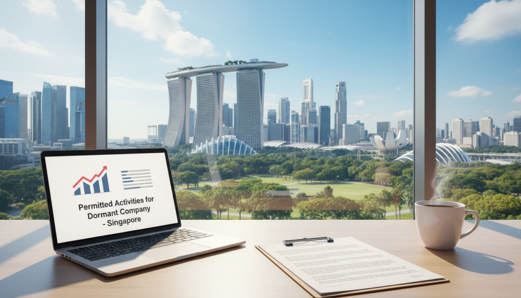 A photorealistic illustration depicting the concept of permitted activities for a dormant company in Singapore. In the foreground, a clean, modern office desk with a laptop, a stack of documents labeled "Permitted Activities," and a steaming cup of coffee. The middle ground features a large window showcasing a bright, sunny skyline of Singapore, symbolizing opportunity and growth. In the background, silhouettes of skyscrapers and greenery from a city park, under a clear blue sky, create an atmosphere of professionalism and tranquility. Soft natural lighting bathes the scene, enhancing the clarity of the objects and conveying a sense of calm and focus, ideal for business environments. The overall mood is one of positivity and potential within a systematic framework.