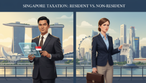 A photorealistic illustration depicting the contrasting concepts of resident and non-resident status in Singapore. In the foreground, a professional businessperson in formal attire, representing a resident taxpayer, stands confidently with a digital tablet displaying financial documents, symbolizing compliance and engagement. In the middle ground, another individual in smart business casual clothing represents a non-resident, holding a briefcase, looking slightly perplexed, symbolizing the complexities of tax regulations. The background features a stylized skyline of Singapore, complete with iconic landmarks like Marina Bay Sands and the Merlion, bathed in soft afternoon sunlight. The overall mood conveys a sense of seriousness and professionalism, with clean lines and a balanced composition that highlights both statuses effectively.