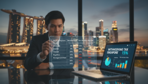 A photorealistic illustration depicting the withholding tax rates in Singapore, visually represented in a clear and organized manner. In the foreground, a business professional in a smart suit analyzes a detailed financial chart featuring different withholding tax rates categorized by the nature of payment, such as dividends, interest, and royalties. The middle ground showcases a sleek laptop displaying a digital dashboard with graphs and percentages, while charts highlight the specific rates in vibrant colors. The background features a modern Singapore skyline with iconic buildings, creating a sophisticated urban atmosphere. Soft, ambient lighting gives the scene a professional and serious mood, emphasizing the importance of accurate financial information. The angle of the image is slightly elevated, providing a comprehensive view of the workspace and the data being analyzed.