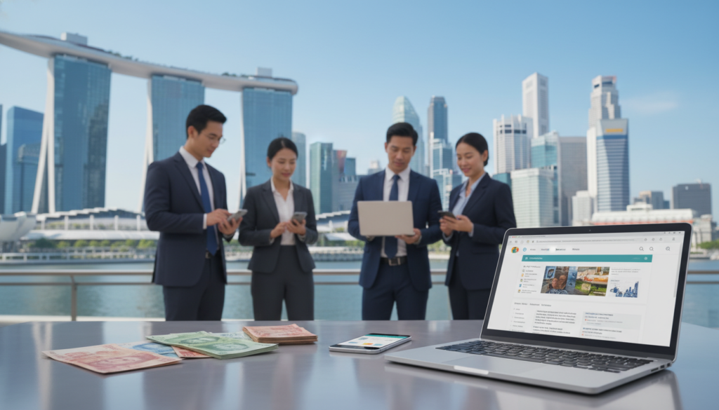A photorealistic illustration depicting various methods of sending money internationally, tailored for Singapore businesses. Foreground: a sleek, modern desk featuring a laptop open to an online money transfer service, a smartphone displaying a money transfer app, and a stack of international currency notes. Middle: a diverse group of professional individuals in business attire, engaged in a discussion about the best money transfer options, with a focus on their laptops and smartphones. Background: a cityscape of Singapore, showcasing recognizable landmarks like Marina Bay Sands and the Merlion, under a bright, sunny sky. Soft natural lighting highlights the workspace, creating a dynamic yet professional atmosphere that conveys innovation and connectivity in global finance.