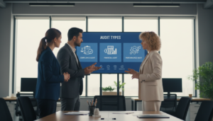 A photorealistic illustration depicting various types of audits in a professional business environment. In the foreground, a diverse group of three business professionals—one male and two female—dressed in formal business attire, are discussing audit types with a serious yet collaborative demeanor. In the middle ground, a large digital display board shows categorized audit icons, such as compliance audit, financial audit, and performance audit, each represented by clear, distinct symbols. The background features a modern office space with soft, natural lighting coming through large windows, creating a warm and focused atmosphere. The scene is captured from an angle that emphasizes both the professionals and the digital board, making the topic of audits the central focus of the image.