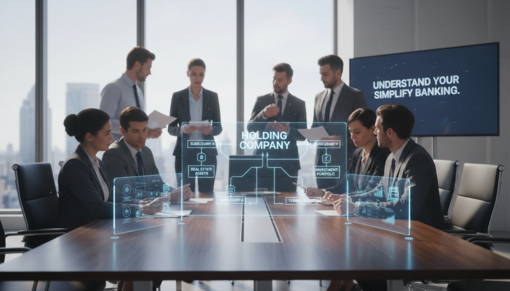 A photorealistic illustration of a corporate organizational structure, focusing on a conceptual diagram representing a holding company. In the foreground, a sleek, modern conference table is filled with clear glass presentations depicting interconnected layers of corporate subsidiaries and assets. The middle ground features diverse, professional individuals in business attire, engaged in discussions, analyzing documents, and pointing at the diagram with visible interest. In the background, large windows allow natural daylight to illuminate the room, creating a bright, inviting atmosphere. The overall mood conveys clarity and professionalism, highlighting the importance of understanding corporate structures before proceeding with banking applications.
