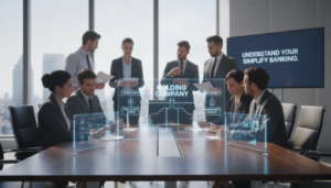 A photorealistic illustration of a corporate organizational structure, focusing on a conceptual diagram representing a holding company. In the foreground, a sleek, modern conference table is filled with clear glass presentations depicting interconnected layers of corporate subsidiaries and assets. The middle ground features diverse, professional individuals in business attire, engaged in discussions, analyzing documents, and pointing at the diagram with visible interest. In the background, large windows allow natural daylight to illuminate the room, creating a bright, inviting atmosphere. The overall mood conveys clarity and professionalism, highlighting the importance of understanding corporate structures before proceeding with banking applications.