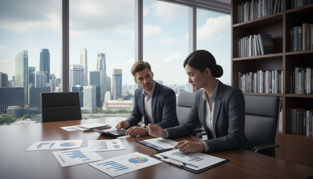 A photorealistic illustration of a modern corporate office environment focusing on share capital in the foreground. Display a polished wooden conference table with financial documents, graphs, and charts depicting share classes. Two professionals in business attire, a South Asian woman and a Caucasian man, are engaged in a discussion, analyzing the documents with a calculator in hand. The middle ground features a large, glass window revealing a bustling Singapore skyline, symbolizing the dynamic ownership structure. Above, warm, natural lighting creates a welcoming atmosphere, accentuating the details of the workspace. In the background, a bookshelf filled with finance and law books suggests a hub of knowledge, further enriching the context of company ownership.