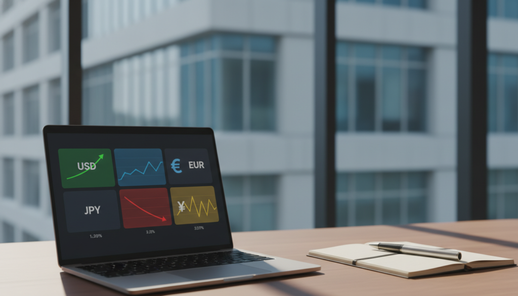A photorealistic illustration of a multi-currency account concept, showcasing an elegant office desk setting. In the foreground, a laptop displays a colorful dashboard with various currency symbols (e.g., USD, EUR, SGD, JPY) alongside graphical trends in currency exchange rates. Next to the laptop, a sleek notepad and pen are artfully placed, suggesting planning and finance. In the middle background, a modern bank building can be softly blurred, symbolizing the financial industry. Natural light streams in from a large window, creating a warm and inviting atmosphere, enhancing a mood of professionalism and financial savvy. The overall tone conveys the importance of multi-currency accounts in reducing FX costs, without any text or additional details.