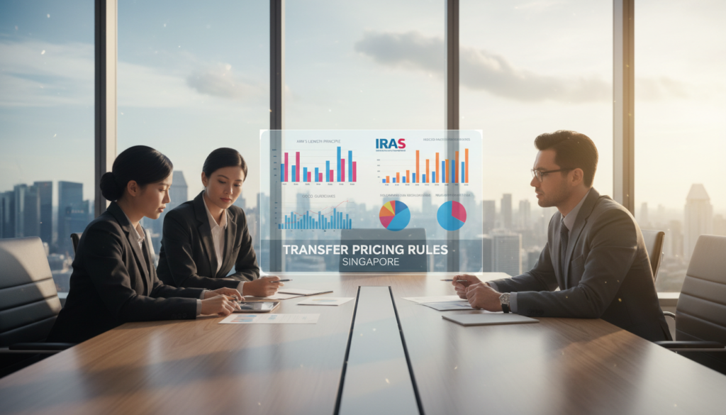 A photorealistic illustration showcasing the concept of transfer pricing rules for Singapore companies under IRAS guidance. In the foreground, a diverse group of three professionals in business attire, engaged in a discussion over financial documents, symbolizing collaboration and strategy. The middle layer features a detailed table with charts and graphs highlighting key aspects of transfer pricing rules. The background is a modern office environment with a cityscape view of Singapore visible through large windows, suggesting a vibrant business landscape. Soft, natural lighting enhances the focus on the subjects while creating a productive atmosphere. The overall mood is focused and professional, reflecting the importance of compliance and best practices in the financial sector.