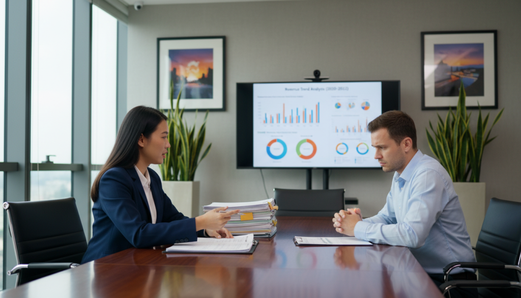 A photorealistic image capturing the Singapore tax audit process in an office environment. In the foreground, a professional auditor in business attire examines financial documents at a sleek conference table, interacting with a client who appears slightly anxious but engaged. In the middle background, a large screen displays detailed charts and graphs representing financial data, emphasizing the analytical aspect of the audit process. The surroundings are adorned with modern office decor, such as potted plants and framed artwork of Singapore's skyline, enhancing the atmosphere. Soft, natural lighting filters through large windows, casting an inviting glow, while the angle allows for a clear view of both the auditor and the client, highlighting the step-by-step interaction essential to the audit. The mood conveys professionalism and transparency, reflecting the importance of the audit process.