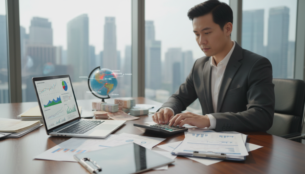 A photorealistic image depicting a business professional, dressed in a crisp suit, sitting at a sleek modern desk cluttered with financial documents and a laptop displaying graphs and charts. In the foreground, a digital calculator shows withholding tax calculations. In the middle ground, stacks of international currency and a globe highlighting Singapore, emphasizing the theme of cross-border payments. The background features a panoramic window showing a city skyline under bright, natural light, creating a professional and focused atmosphere. The overall mood conveys diligence and clarity in financial transactions, with a slight depth of field to draw attention to the foreground elements.