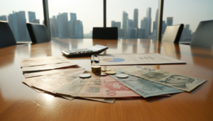 A photorealistic image depicting a collection of multiple currencies displayed on a polished wooden table. In the foreground, crisp banknotes from various nations (such as the Singapore dollar, Euro, US dollar, and Japanese yen) are artfully arranged alongside a few shiny coins, casting subtle shadows. In the middle ground, there are elegant financial documents and a sleek calculator, symbolizing international business transactions. The background features a softly blurred city skyline, hinting at Singapore's modern architecture, under natural daylight that creates a warm and inviting atmosphere. The focus is sharp on the currencies, with a slight depth of field effect, conveying a professional and conducive mood for business discussions.