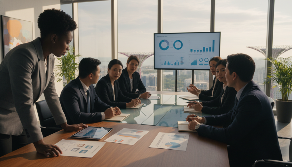 A photorealistic image depicting a diverse group of business professionals engaged in a discussion about shareholder rights and shareholding. In the foreground, two individuals in professional attire – one male and one female – are analyzing a document that outlines company ownership structures. In the middle ground, a diverse group of professionals, including individuals of various ethnicities, is seated at a sleek glass table, surrounded by modern office decor featuring large windows that let in warm, natural light. The background showcases a city skyline of Singapore, with iconic skyscrapers visible through the glass. The overall atmosphere conveys a sense of collaboration, professionalism, and focus on financial matters. The angle of the shot is slightly elevated, providing a clear view of the interaction and the cityscape.
