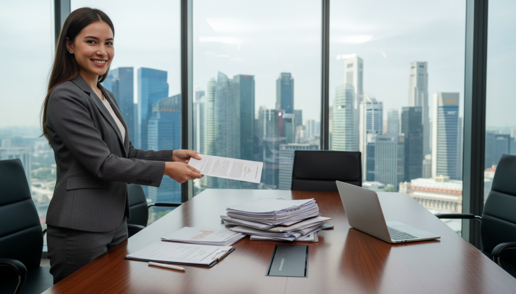 A photorealistic image depicting a formal business meeting in a modern office setting, focused on the moment a successful payment is made. In the foreground, a professional woman in a sharp business suit is smiling and extending her hand to accept a signed document, symbolizing the completion of a transaction. Her features are warm and friendly, radiating confidence. In the middle ground, a stack of financial documents and a stylish laptop rests on a polished conference table. In the background, large windows reveal a panoramic view of Singapore's skyline, with skyscrapers under bright daylight. The lighting is bright and natural, casting a productive atmosphere, while the overall mood conveys a sense of accomplishment and professionalism.