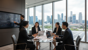 A photorealistic image depicting a modern banking environment in Singapore, showcasing financial services. In the foreground, a diverse group of professionals dressed in smart business attire engages in a collaborative discussion, using laptops and financial documents. In the middle, a sleek and contemporary bank office space features large glass windows, allowing natural light to flood in. A backdrop view of Singapore’s skyline, including iconic architecture, can be seen through the windows, symbolizing growth and financial stability. The atmosphere conveys professionalism and dynamic energy, with warm lighting accentuating the modern decor. The overall composition blends human interaction and a high-tech financial setting, emphasizing the importance of banking and oversight in foreign investments.