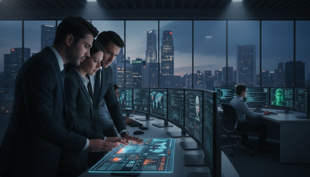 A photorealistic image depicting a modern, high-stakes national security screening environment. In the foreground, a diverse group of three business professionals in professional attire are engaged in an intense discussion around a digital tablet displaying graphs and security data, symbolizing critical entities. In the middle, a sleek, high-tech security center with multiple screens showing cybersecurity alerts and analysis tools, blending technology with vigilance. In the background, large windows overlook a city skyline, suggesting Singapore's economic landscape. The lighting is dramatic yet focused, with shadows highlighting the importance of the moment, creating an atmosphere of urgency and caution.