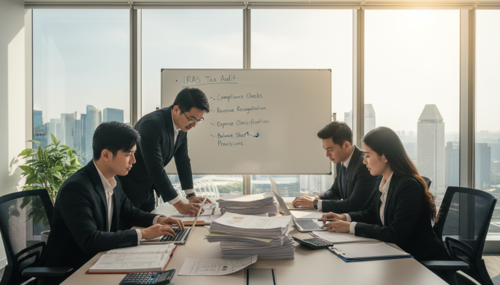 A photorealistic image depicting a modern office environment focused on tax audit preparations. In the foreground, a diverse group of professionals dressed in smart business attire—two men and two women—are collaborating over a large table covered with financial documents, calculators, and laptops. In the middle, a whiteboard is visible, filled with bullet points highlighting key focus areas for an IRAS tax audit, such as compliance checks, revenue recognition, and expense classification. The background features a large window allowing natural light to flood the room, illuminating a cityscape view of Singapore. The atmosphere is serious yet collaborative, with a sense of urgency and determination in the air, as the team strategizes and prepares for the audit. The image should convey professionalism and focus without any text or distractions. A photorealistic image depicting a modern office environment focused on tax audit preparations. In the foreground, a diverse group of professionals dressed in smart business attire—two men and two women—are collaborating over a large table covered with financial documents, calculators, and laptops. In the middle, a whiteboard is visible, filled with bullet points highlighting key focus areas for an IRAS tax audit, such as compliance checks, revenue recognition, and expense classification. The background features a large window allowing natural light to flood the room, illuminating a cityscape view of Singapore. The atmosphere is serious yet collaborative, with a sense of urgency and determination in the air, as the team strategizes and prepares for the audit. The image should convey professionalism and focus without any text or distractions.