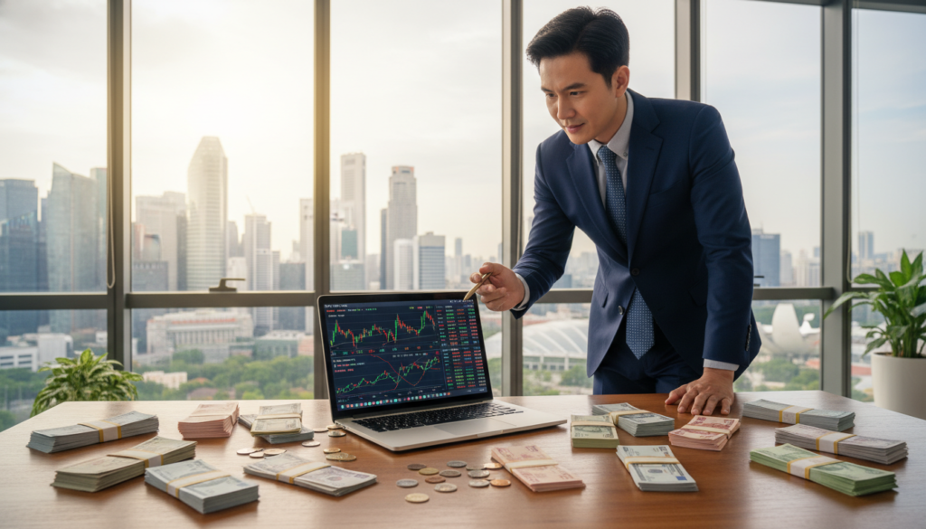 A photorealistic image depicting a multi-currency account setup for a trading company. In the foreground, a polished wooden desk with neatly arranged currency notes and coins from various countries, highlighting diversity. A laptop displaying trading charts and graphs is positioned centrally, with a financial advisor in professional business attire studying the screen, focused and engaged. In the middle background, a large window reveals a bustling cityscape of Singapore, showcasing modern skyscrapers under bright daylight. Soft natural light filters in, casting a warm glow over the scene, evoking a sense of professionalism and opportunity in global finance. Overall mood is energetic and forward-looking, reflecting the dynamic environment of currency trading.